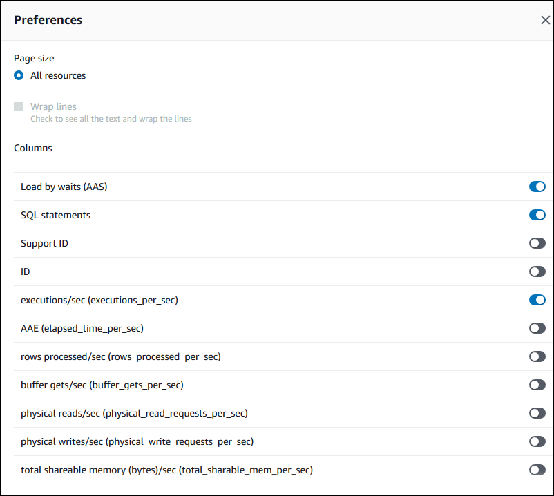 Preferences for metrics for running queries for Oracle DB instances