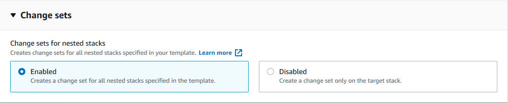 Das Erstellen eines Änderungssatzes für verschachtelte Stacks ist standardmäßig aktiviert.