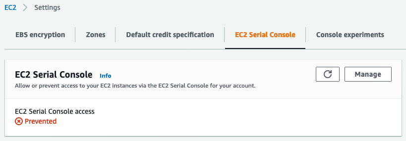 Der Zugriff auf die EC2 serielle Konsole wurde verhindert.