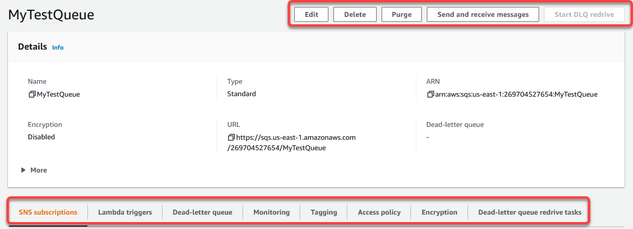 Seite mit den Warteschlangendetails in der Amazon SQS SQS-Konsole.