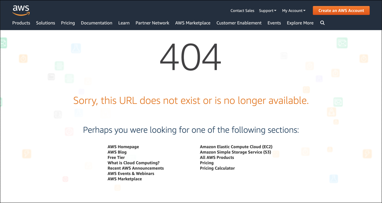 Screenshot einer benutzerdefinierten AWS 404-Beispielseite.