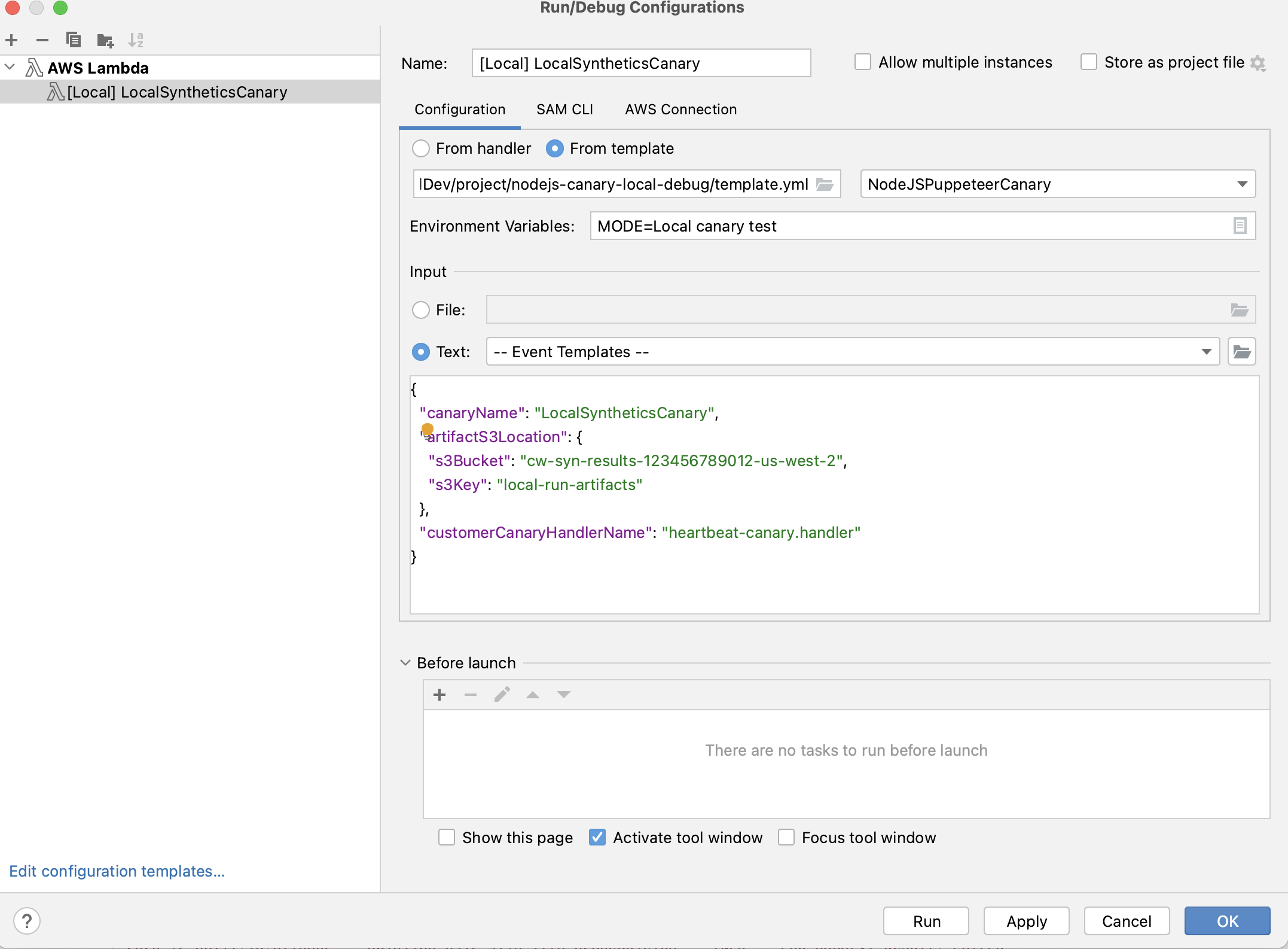 Benutzeroberfläche für Run/Debug-Konfigurationen mit Einstellungen. AWS Lambda LocalSyntheticsCanary