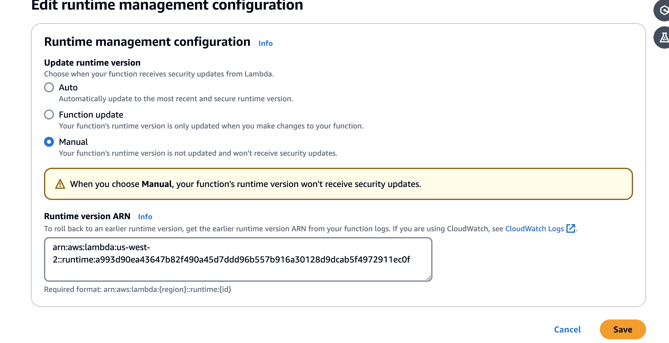 Zeigt den Konfigurationsbildschirm für Runtime Management an und zeigt, wo die Runtime-Version eingefügt werden sollARN, die Sie zuvor kopiert haben.