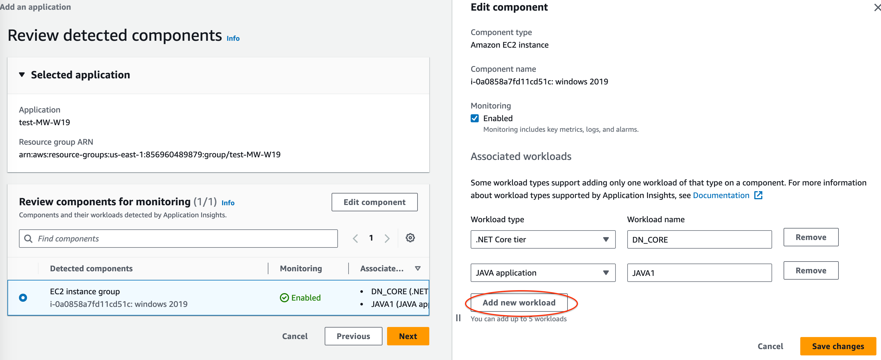 Der Abschnitt „Komponente bearbeiten“ der CloudWatch Application Insights-Konsole: Schaltfläche unten links, um einen neuen Workload hinzuzufügen.