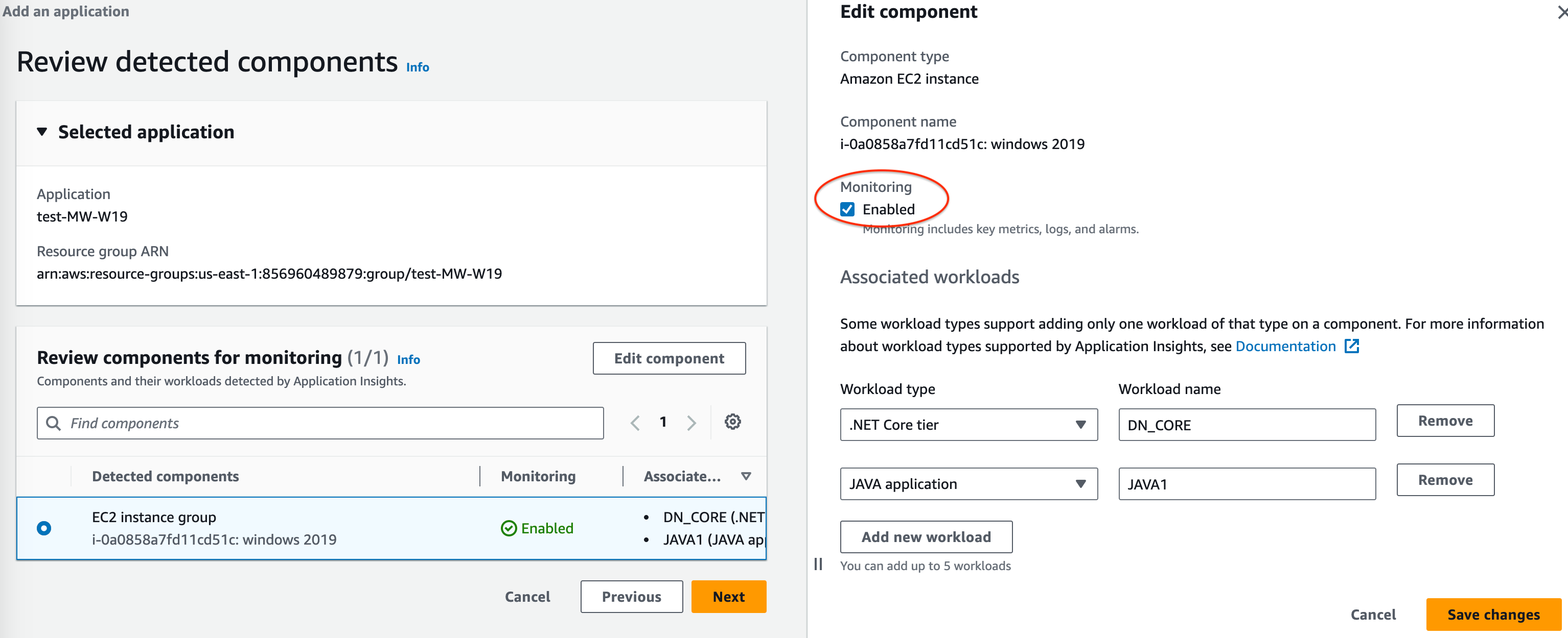 Der Abschnitt „Komponente bearbeiten“ im Kontrollkästchen CloudWatch Application Insights, um die Überwachung zu deaktivieren.