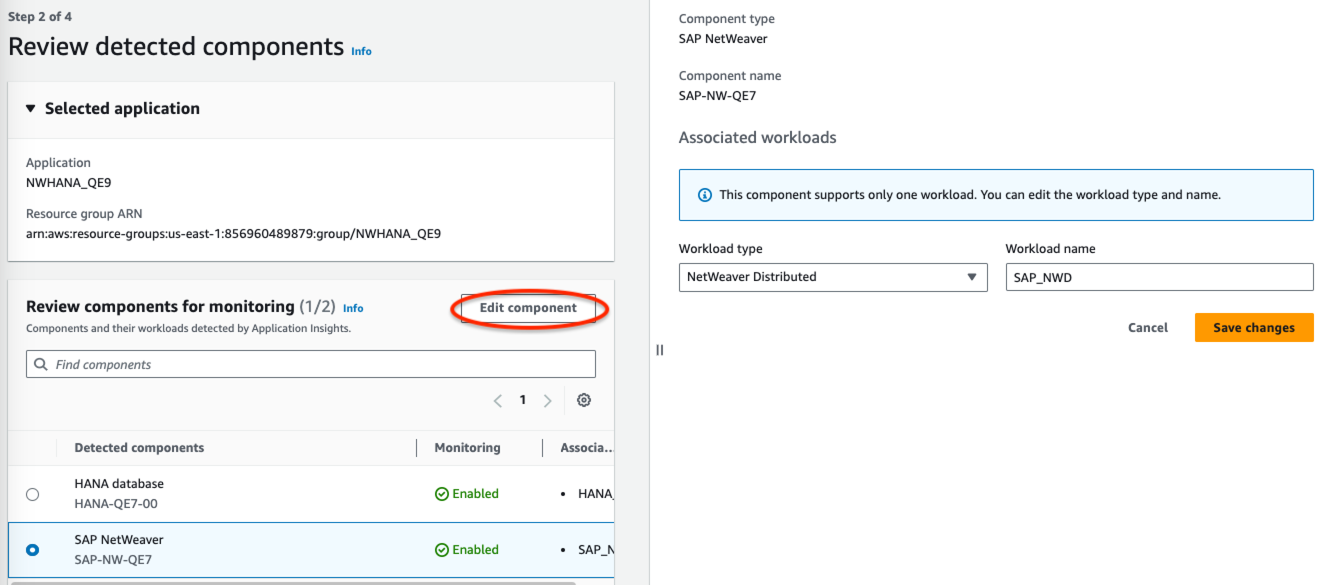 Der Abschnitt „Überprüfung der erkannten Komponenten“ der CloudWatch Application Insights-Konsole: Liste der Komponenten, die bearbeitet werden können.