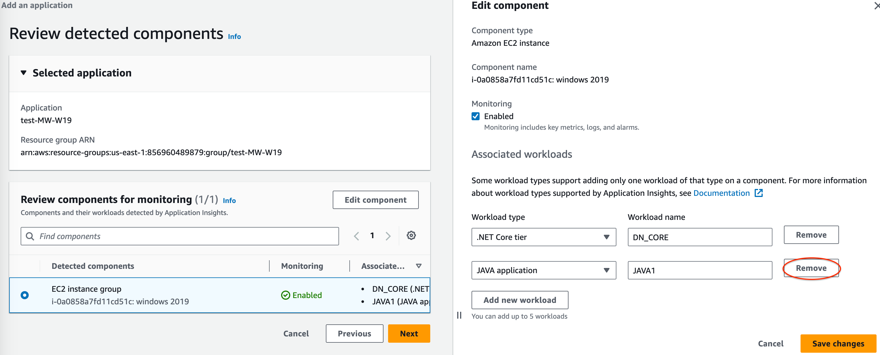 Der Abschnitt „Komponente bearbeiten“ der CloudWatch Application Insights-Konsole: Einen Workload entfernen.