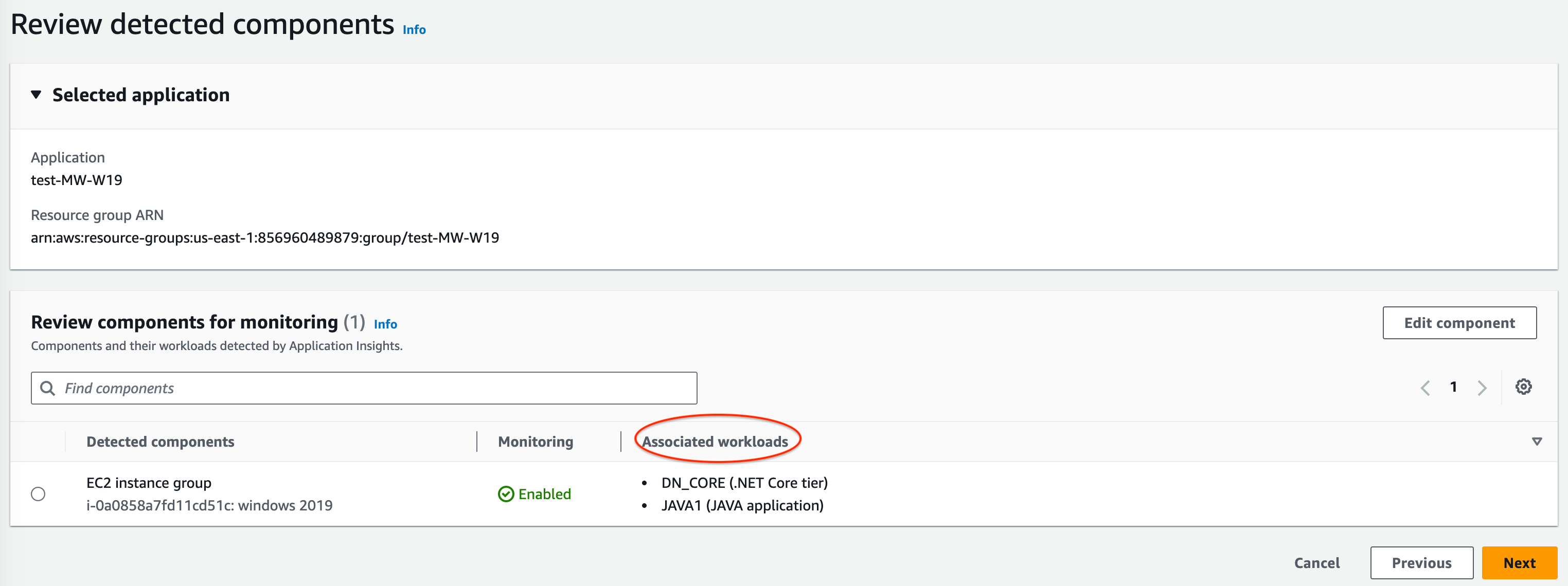 Der Abschnitt „Entdeckte Komponenten“ der CloudWatch Application Insights-Konsole: Überblick über die erkannten Komponenten und die zugehörigen Workloads.