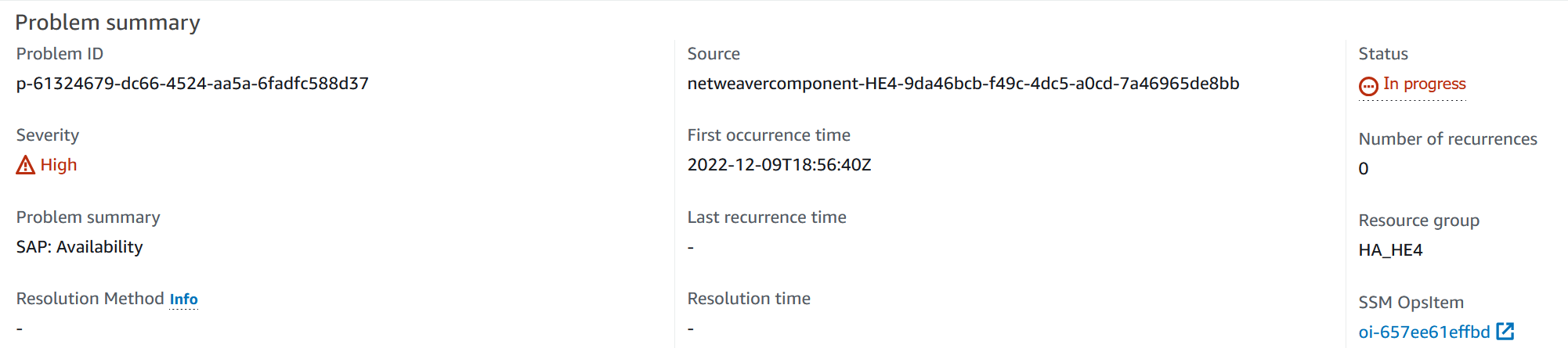 Seite mit der Problemzusammenfassung für CloudWatch Application Insights im Abschnitt Problemzusammenfassung.