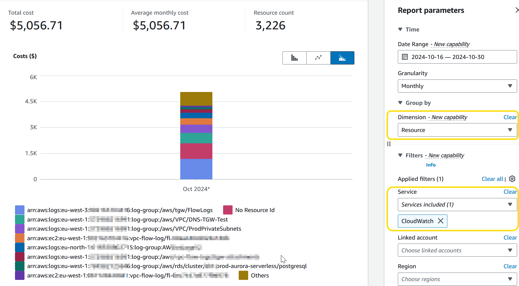 Ein Screenshot der AWS Cost Explorer Service Benutzeroberfläche mit der CloudWatch Auswahl für das Feld Service und der ausgewählten Ressource für das Feld Dimension.