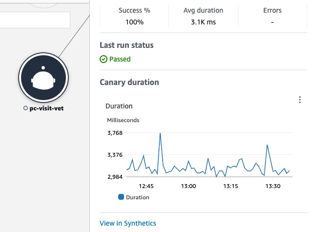 CloudWatch Service-Map, die den kanarischen Knoten anzeigt