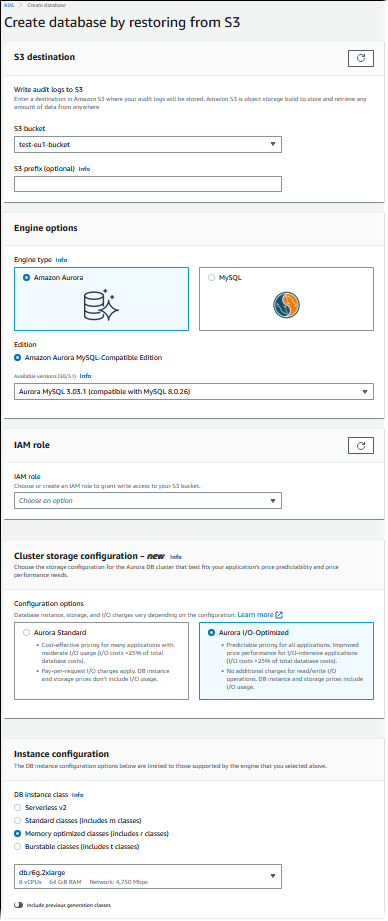 Die Seite, auf der Sie die Details zum Wiederherstellen eines DB-Clusters aus S3 angeben