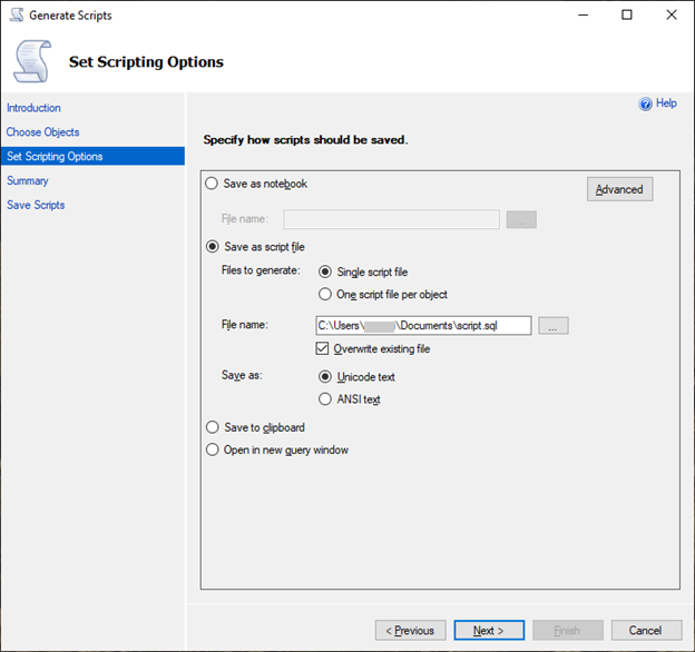 Verwenden Sie den SSMS-Assistenten zum Generieren von Skripts, um die Scripting-Optionen festzulegen.