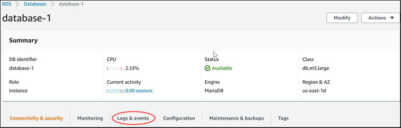 Wählen Sie die Registerkarte Logs & events (Protokolle und Ereignisse)