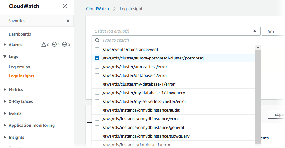 Wählen Sie die Aurora SQL Postgre-Protokollgruppe aus.