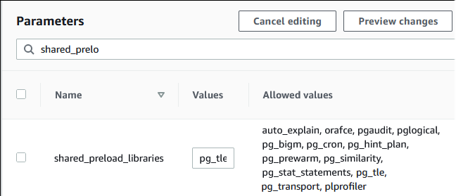 Abbildung des shared_preload_libraries-Parameters mit hinzugefügter pg_tle-Erweiterung.