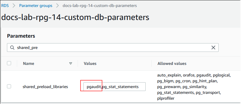 Bild des shared_preload_libaries Parameters pgAudit wurde hinzugefügt.