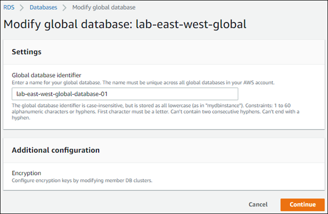 Screenshot mit der Seite zum Ändern der Einstellungen einer globalen Aurora-Datenbank