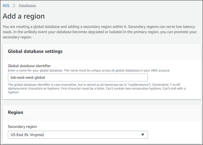 Die „Region hinzufügen“-Seit für eine globale Aurora-Datenbank.