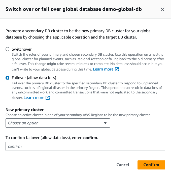 Das Dialogfeld „Globale Datenbank wechseln“ oder „Failover“, wobei „Failover (Datenverlust zulassen)“ ausgewählt ist.