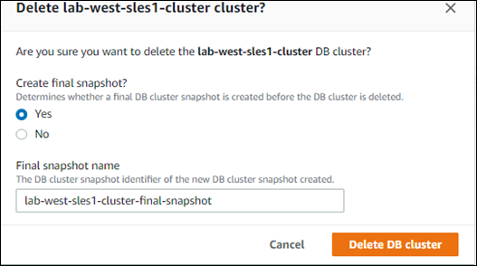 Screenshot zum Löschen des Aurora Serverless v1-Datenbank-Clusters