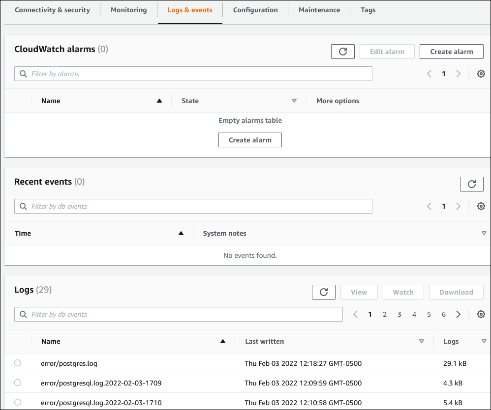 Seite Logs & Events (Protokolle und Ereignisse)