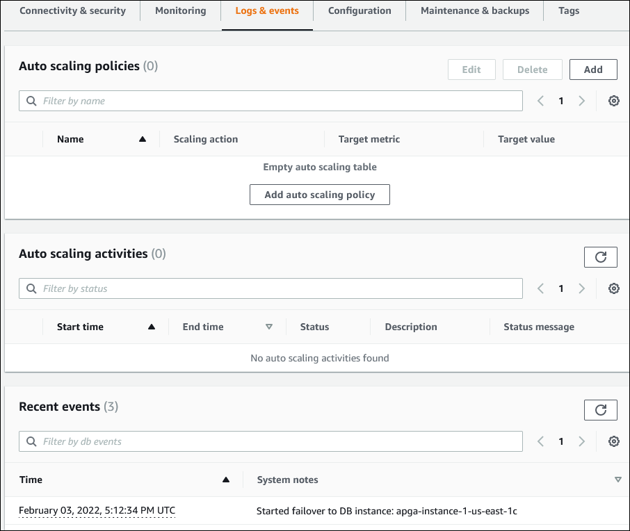 Datenbankseite mit Registerkarte Logs & Events (Protokolle und Ereignisse) angezeigt