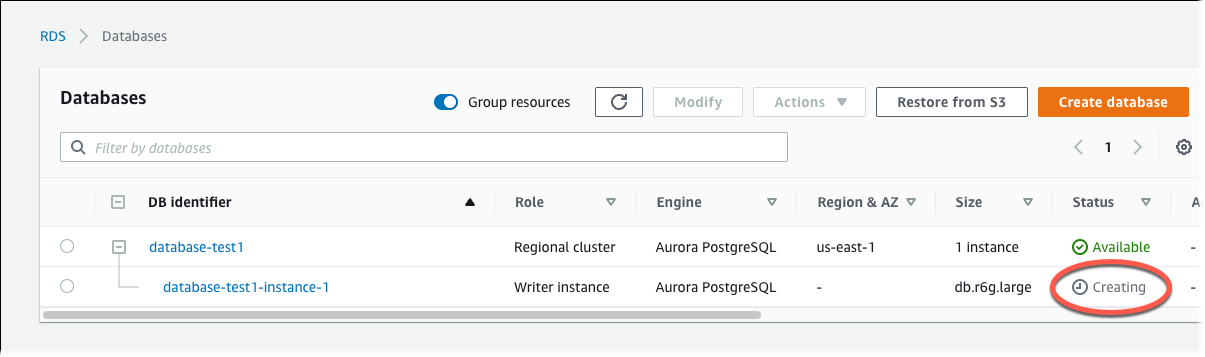 DB-Cluster-Details mit Region und AZ sowie Status.