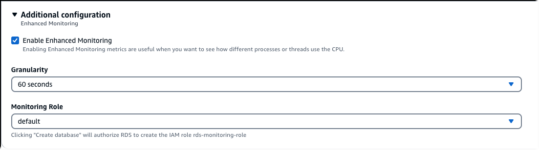 Aktivieren Sie Enhanced Monitoring bei der Erstellung des DB-Clusters mit der Konsole.