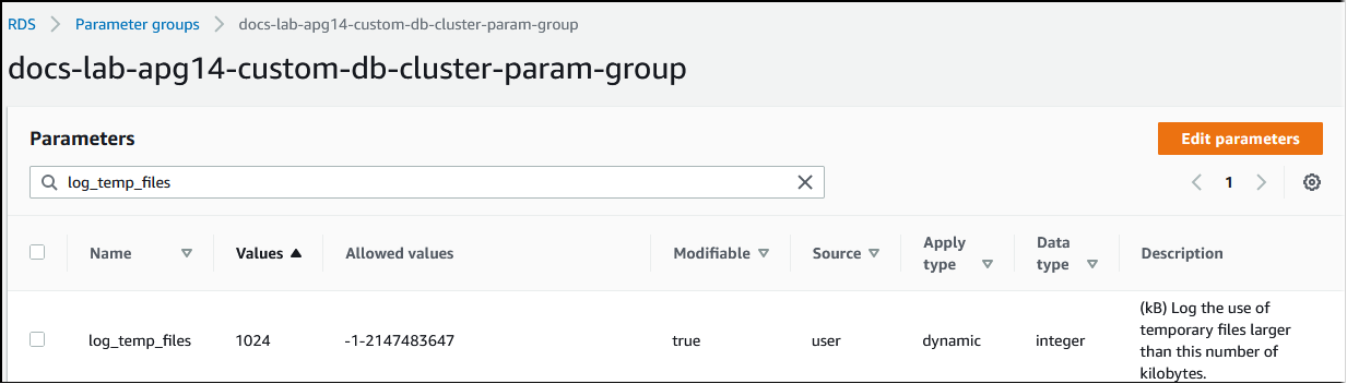 Bild einer benutzerdefinierten Parametergruppe, bei der log_temp_files auf 1 024 kB festgelegt ist.