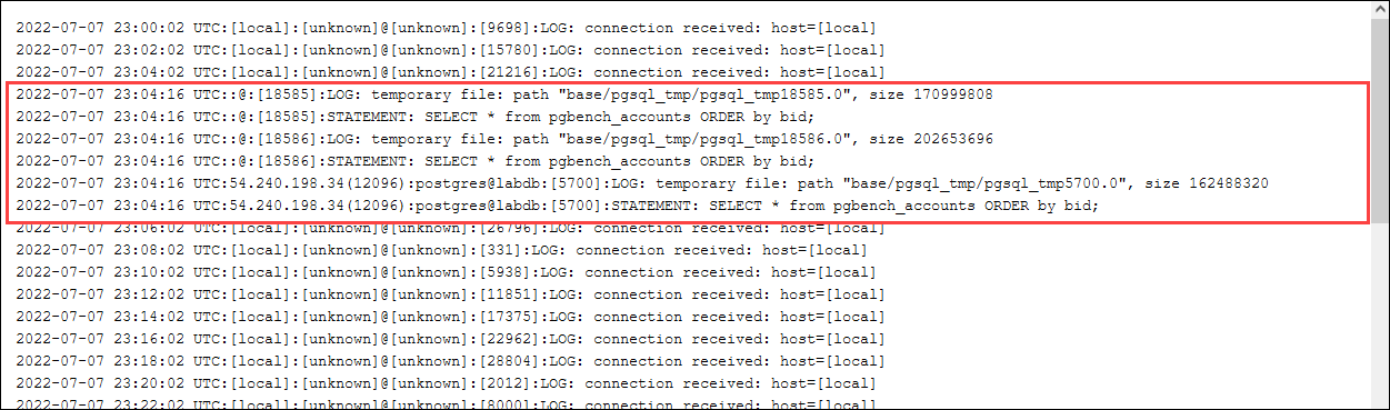 Bild der Protokolldatei mit den AWS Management Console temporären Dateien.