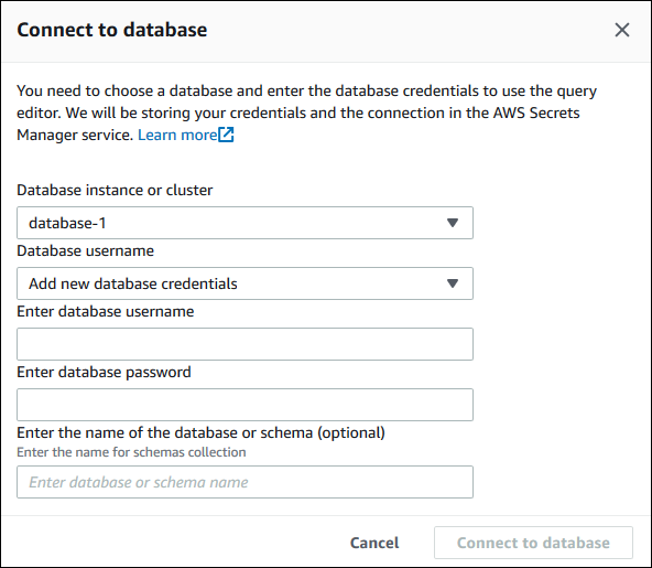 Abfrage-Editor Seite „Connect to database“ (Verbindung zur Datenbank herstellen)