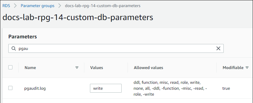 Bild des pgaudit.log-Parameters mit Einstellung.