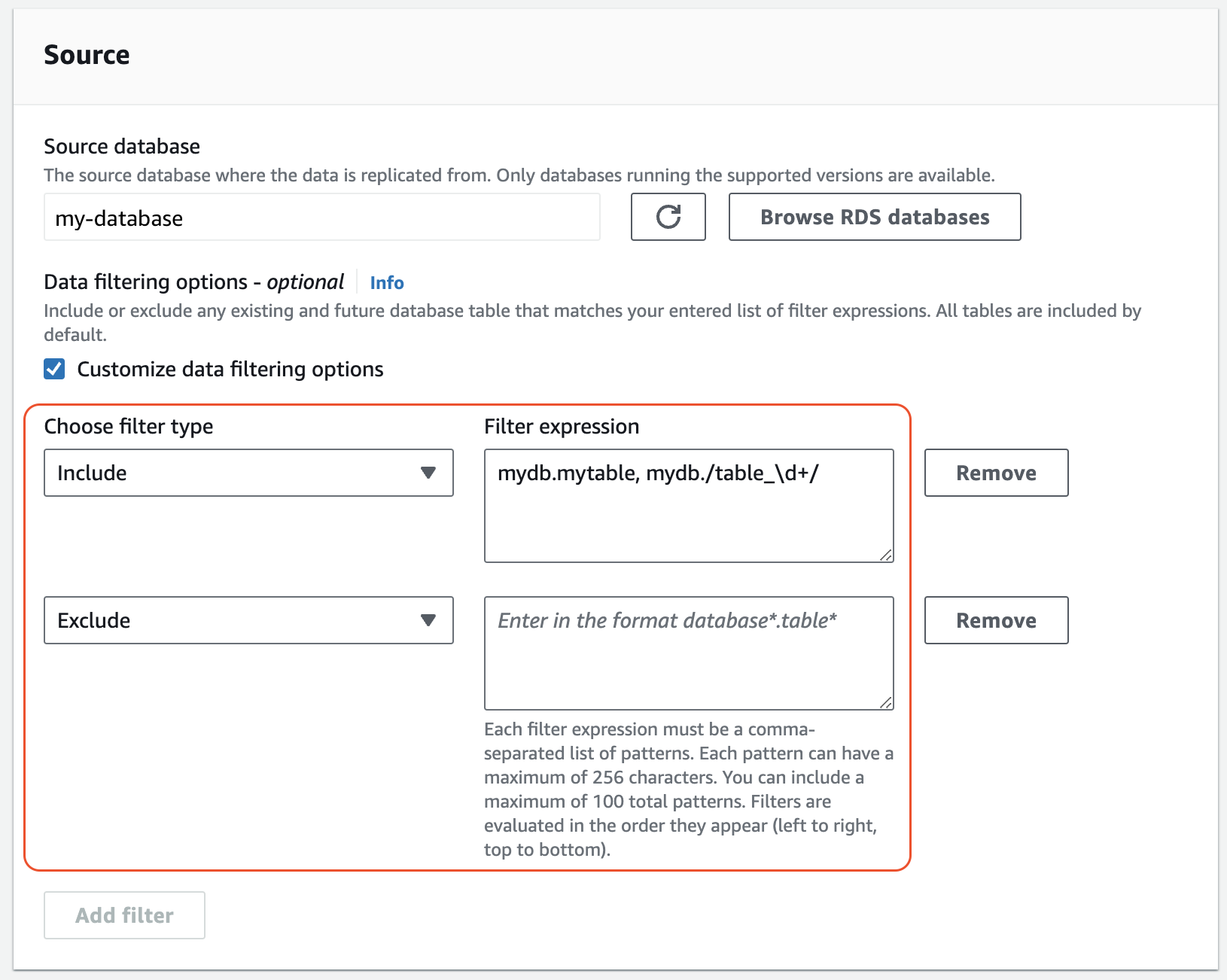 Datenfilter für eine ETL Nullintegration in der RDS Konsole