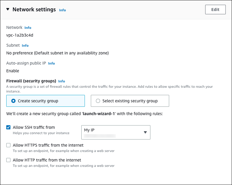 Netzwerkeinstellungen für eine EC2-Instance.