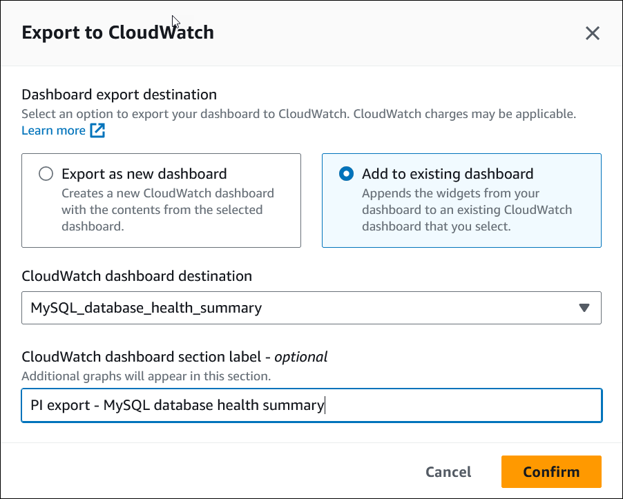 In ein CloudWatch Fenster exportieren, wobei die Option „Zu vorhandenem Dashboard hinzufügen“ ausgewählt ist