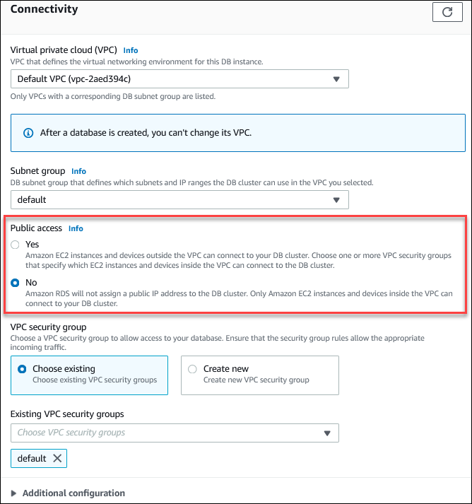 Legen Sie die Option Öffentlicher Zugriff für Ihre Datenbank im Abschnitt Zusätzliche Anbindungskonfiguration auf Nein fest.