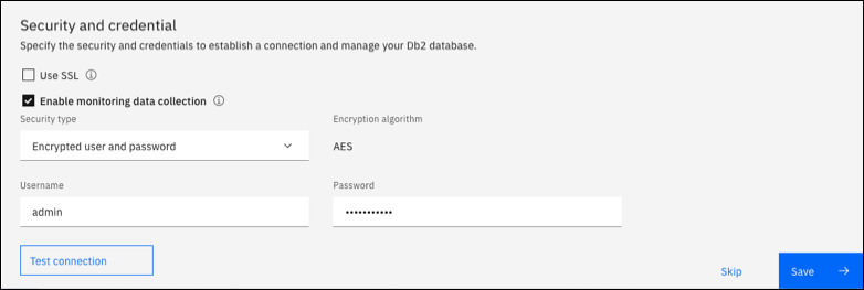 Der Abschnitt Sicherheit und Anmeldeinformationen für eine neue Verbindung inIBM Db2 Data Management Console.