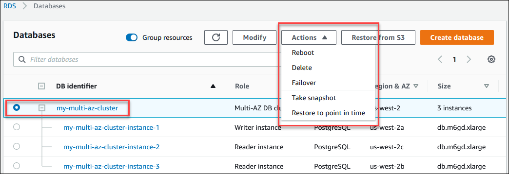 Multi-AZ-DB-Cluster-Aktionen im AWS Management Console