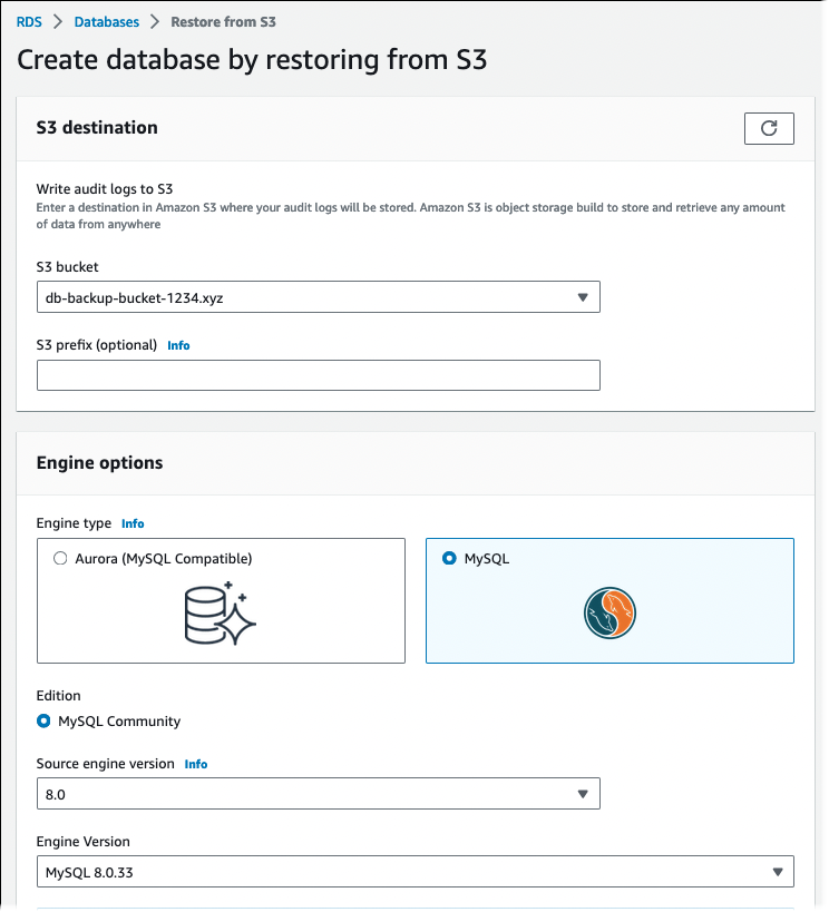 Die Seite Datenbank durch Wiederherstellung aus S3 erstellen, auf der Sie die Details für die Wiederherstellung einer DB-Instance aus S3 angeben.