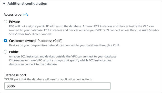 Die Einstellung Customer-owned IP address (CoIP) (Kundeneigene IP-Adresse (CoIP) in der AWS Management Console.