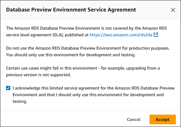 Das Dialogfeld „Database Preview Environment Service Agreement“ zur Bestätigung der Einschränkungen