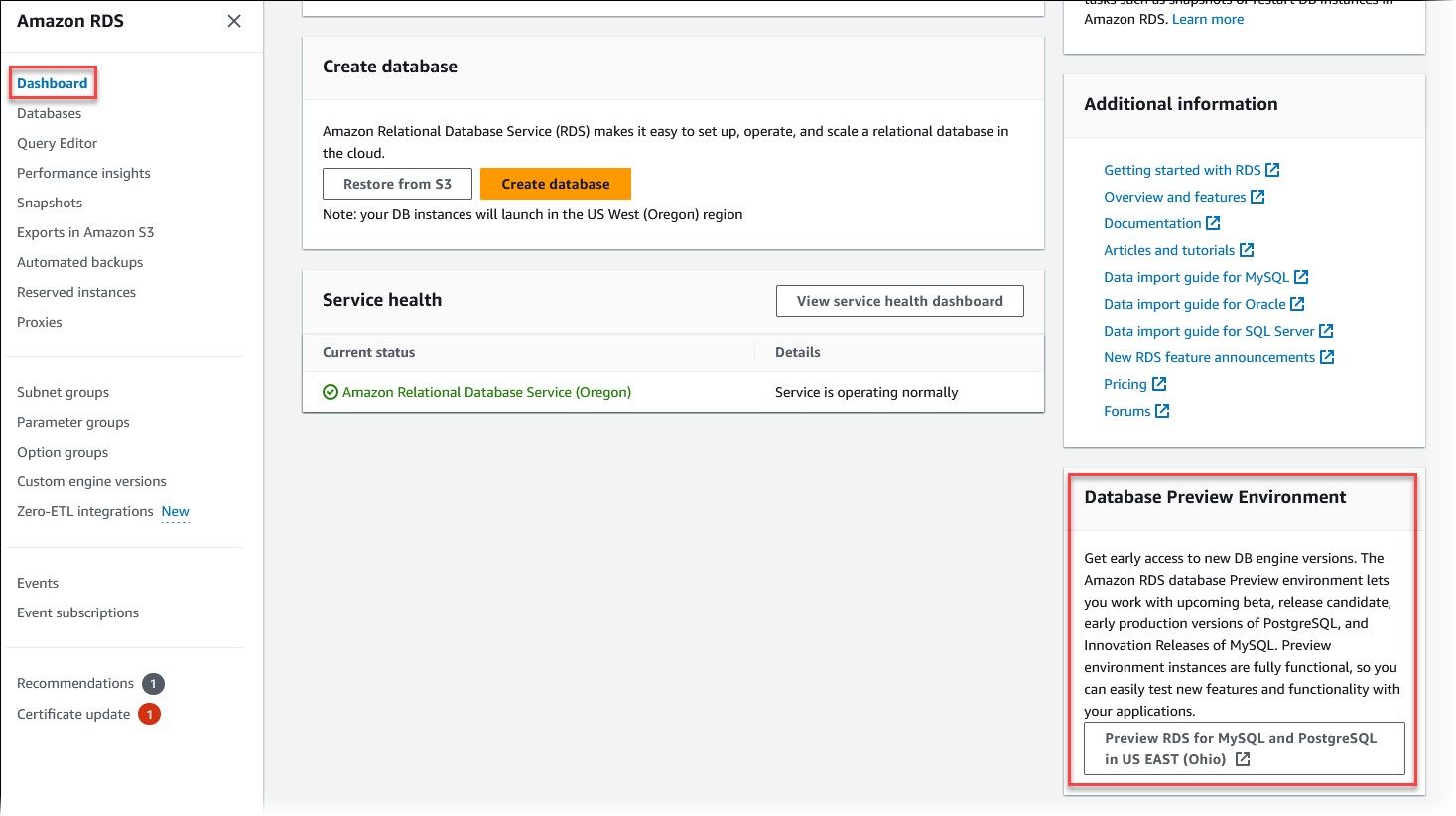 Der Abschnitt Database Preview Environment mit Link in der RDS Amazon-Konsole.