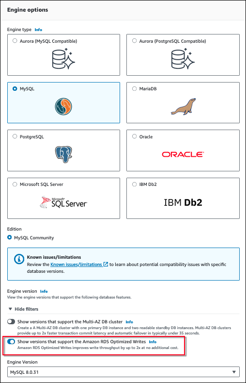 Der Abschnitt Engine-Optionen mit aktiviertem Amazon RDS Optimized Writes-Filter für Engine-Version.