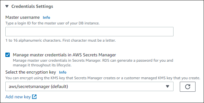 Hauptanmeldedaten verwalten in der AWS Secrets Manager ausgewählten