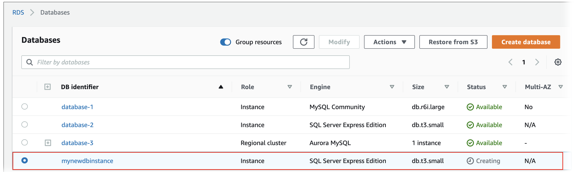 Wiederhergestellte DB-Instance auf der Seite „Datenbanken“