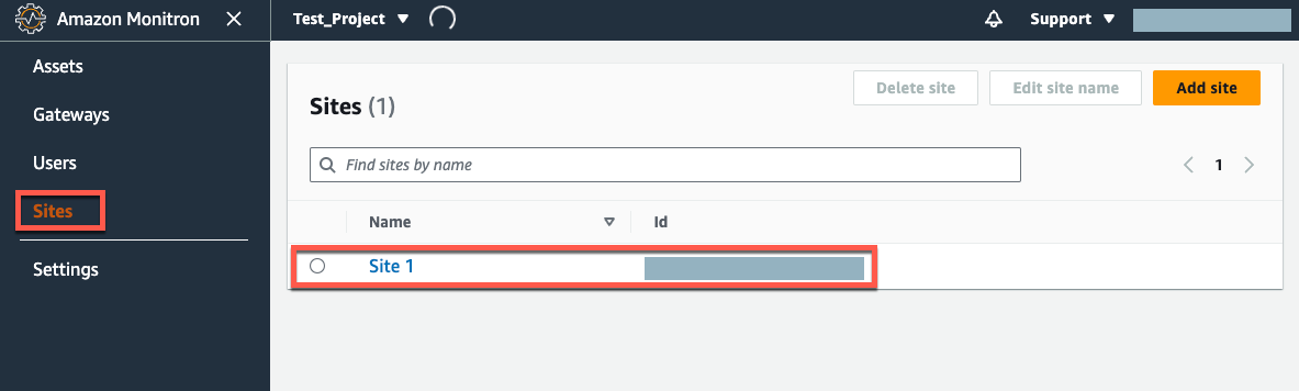 Amazon Monitron interface showing Sites page with one site listed and options to manage sites.