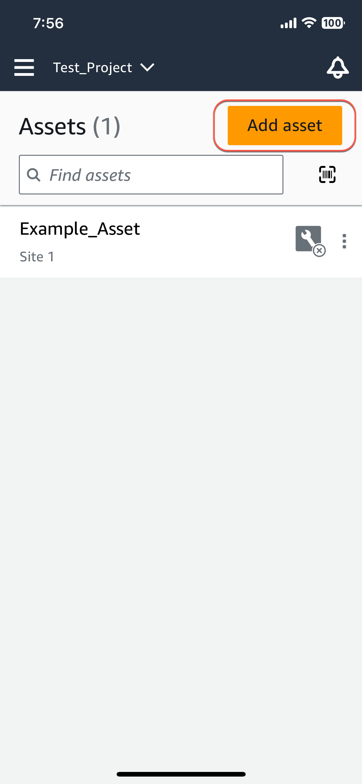 Assets page with one example asset listed and an "Add asset" button in the top right corner.