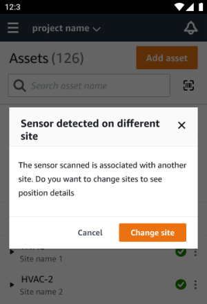 Pop-up dialog asking to change sites to see sensor position details, with Cancel and Änderung site options.