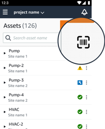 Mobile app interface showing a list of assets with a magnified scan sensor icon.